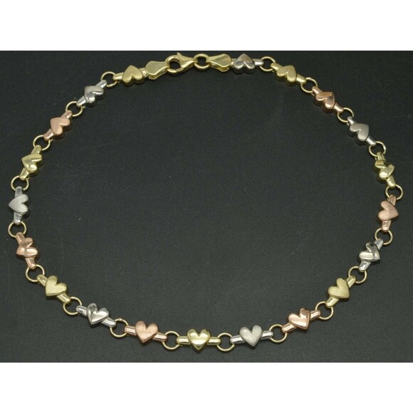 BH jewelry Jewelry - Real 10K Gold Tri Color 5.3mm Puffed Heart Link Ankle Bracelet 9-10